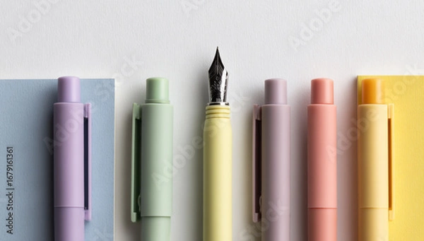 Fototapeta A collection of colorful pens and notebooks arranged neatly isolated on white background