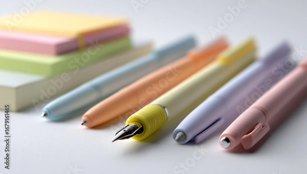 Fototapeta Colorful pens and sticky notes arranged neatly on a white background isolated on white background