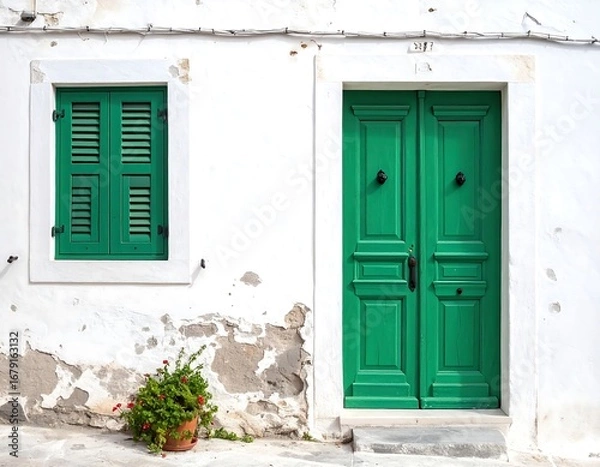 Fototapeta Whitewashed house with green door and shutters