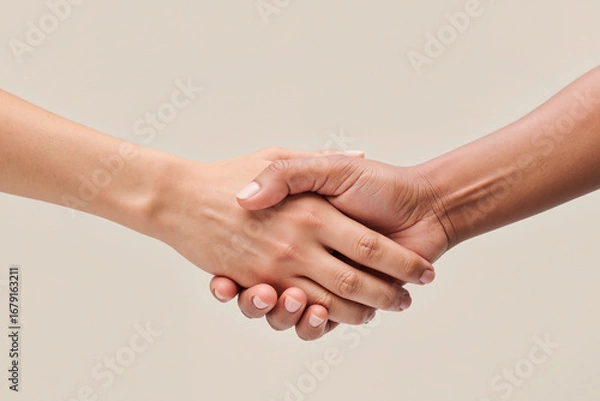 Fototapeta Caucasian woman and Black man shaking hands, close up of hands against neutral background, demonstrating partnership, agreement or cooperation between diverse adults