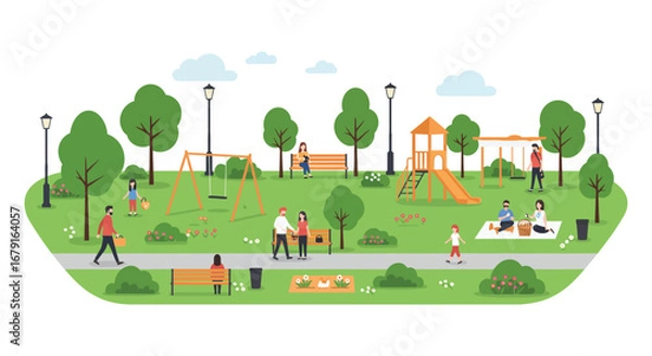 Fototapeta A vibrant public park with people playing and relaxing in a green space