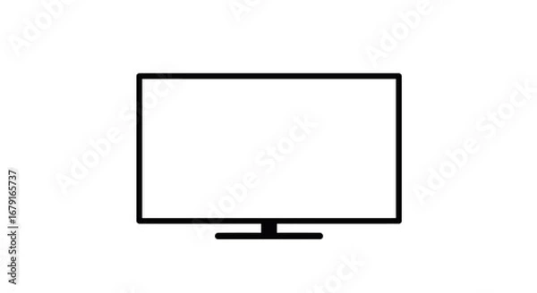 Fototapeta Simple black line art icon of a modern widescreen television on a central stand.