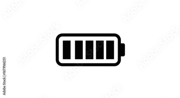 Fototapeta Black silhouette icon of a fully charged battery with five solid bars indicating full power.