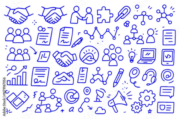 Fototapeta Hand-drawn doodle style vector set of networking and partnership elements, collaboration and connection icons in sketch outline style, Editable Formats: AI, EPS, JPG, PNG, 
