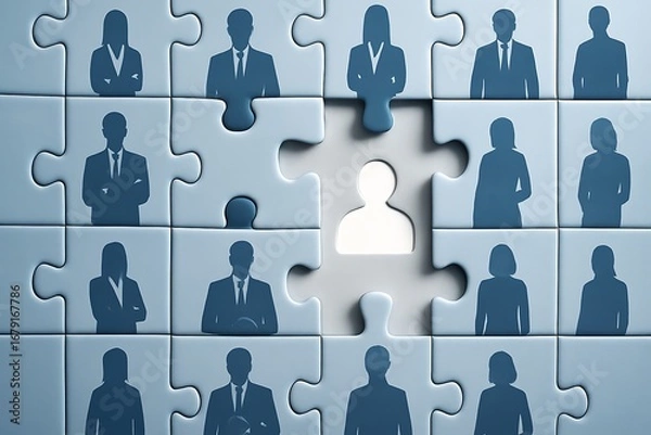 Fototapeta Concept of finding the right person for a job vacancy, symbolized by a missing piece in a puzzle of employee silhouettes.