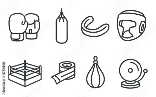 Obraz Boxing equipment icons featuring gloves, punching bag, mouthguard, and ring bell
