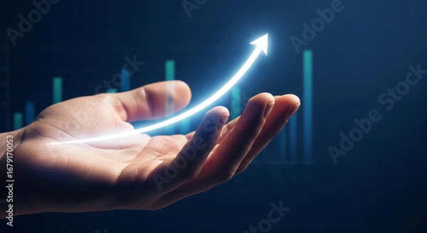 Obraz Glowing upward arrow rests on open hand, against blurred graph background, symbolizing growth, success, and positive progress in business