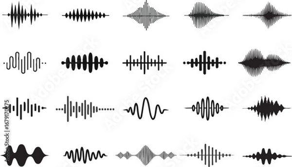 Fototapeta Podcast sound waves. Audio waveforms line icons, sound wave frequency or voice microphone signals. Music, podcast and broadcast, UI and audio branding design. Isolated vector set