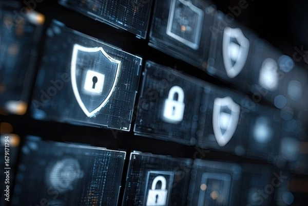 Obraz Digital Security Interface with Shield and Lock Icons.