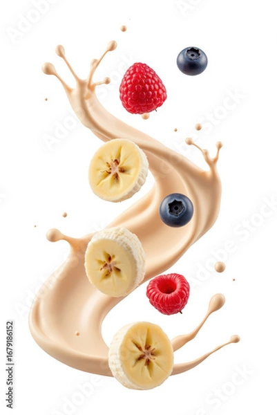 Obraz Creamy splash with banana slices, blueberries, and raspberries creates vibrant and fresh composition. Perfect for food and beverage themes