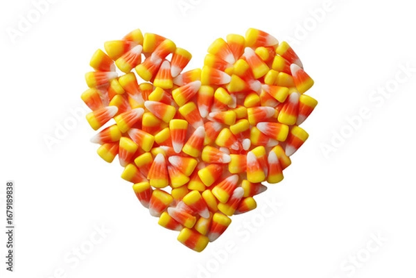 Obraz Heart shape made of candy corn pieces on white isolated on a transparent background sweet