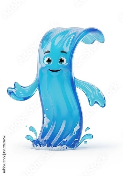 Fototapeta A cheerful blue water droplet character with arms and a smiling face, rising from a splash against a white backdrop