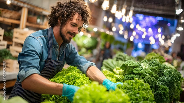 Fototapeta Greengrocer arranging fresh lettuce on display in supermarket