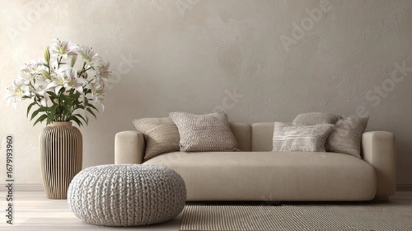 Fototapeta Minimalist interior featuring beige sofa, round pouf, and tall vase with white lilies, textured neutral wall providing open copy space
