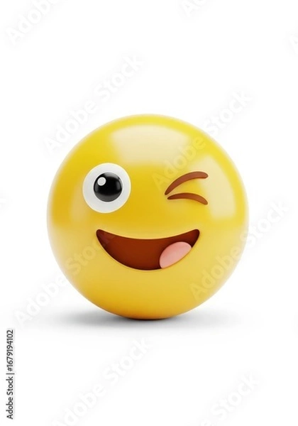 Fototapeta A vibrant, 3D-rendered yellow sphere playfully winking with a curved, open smile, expressive of cheer. The render displays shadow and shine