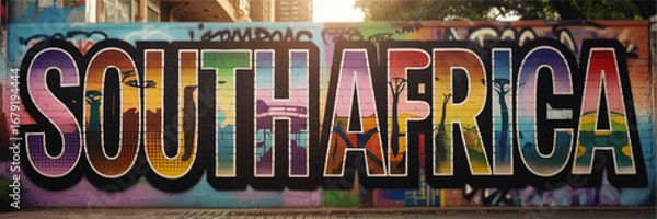Fototapeta Vibrant South Africa Graffiti Mural on Urban Brick Wall, Colorful Street Art with African Landscape Silhouettes, Modern City Decor