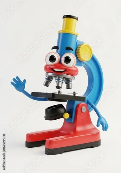 Fototapeta Animated microscope character with arms waving, red base, blue body, yellow knobs, against a white background