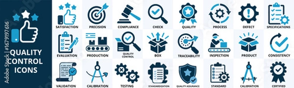 Obraz Quality control icon set, solid vector icons of inspection evaluation assurance process and testing.