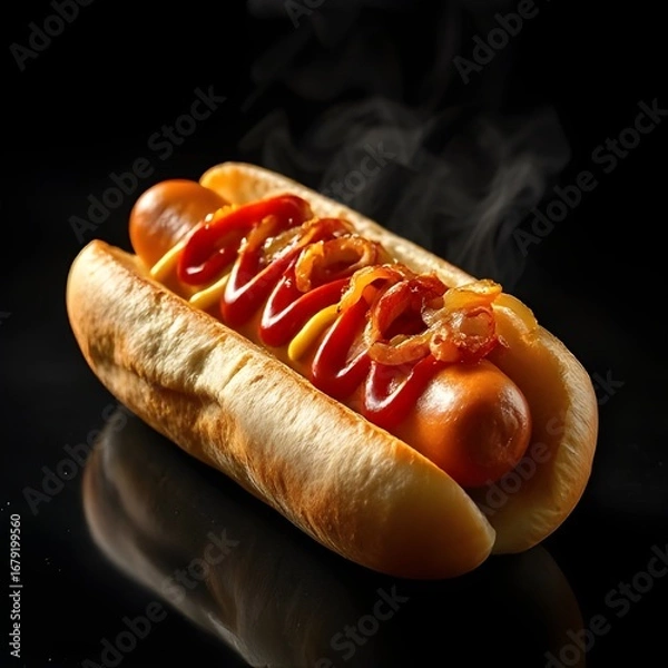 Fototapeta Gourmet Hot Dog with Caramelized Onions, Mustard, and Ketchup in Toasted Bun