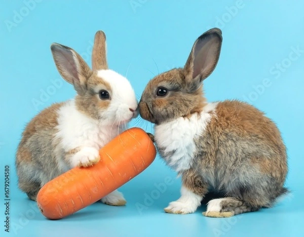 Fototapeta Two baby rabbits holding a carrot against a blue background