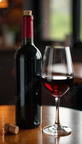 Fototapeta Close-up of a wine bottle, cork removed, with a wine glass beside it, ready for a tasting  Rich, deep red wine visible  Elegant setup on a wooden table ,  wood,  deep,  aroma