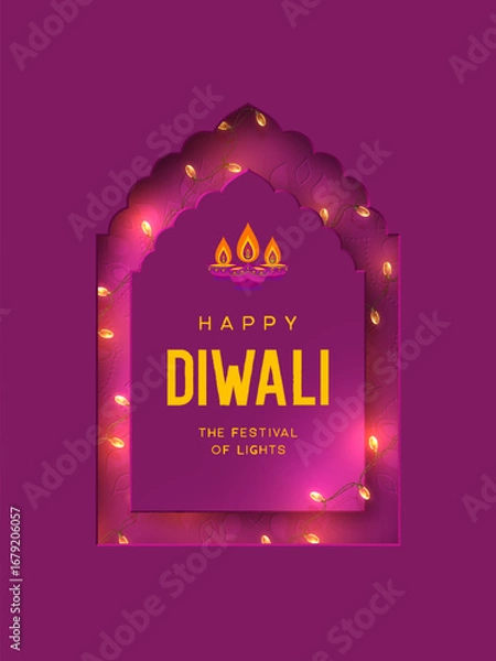 Fototapeta Happy Diwali Festival of Lights greeting card with glowing diya lamps and garlands in 3D layered purple arch with mandala pattern, festive background for holiday celebration. Vector illustration.