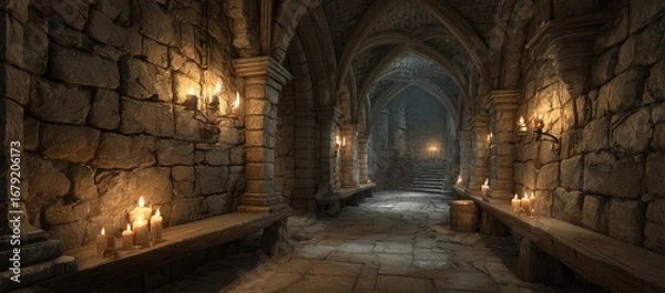 Fototapeta Stone archway corridor with candles and steps