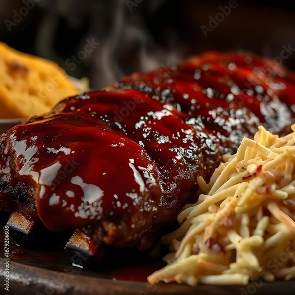 Fototapeta Barbecue Ribs with Smoky Glaze, Coleslaw, and Cornbread in Restaurant Style