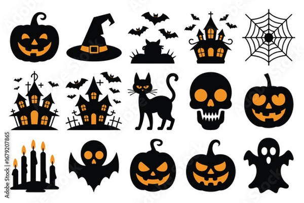 Fototapeta Vector art of collection of halloween silhouettes, featuring pumpkins, ghosts, bats, and other spooky elements for festive decorations
