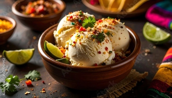 Obraz Creamy vanilla ice cream scoops topped with spices and sprinkles, in a rustic bowl, surrounded by Mexican-inspired elements