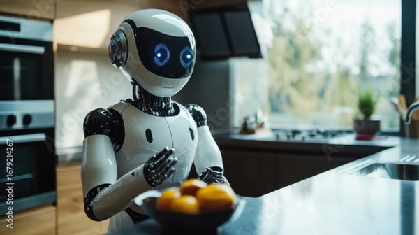 Fototapeta Humanoid robot assisting in a modern smart home kitchen