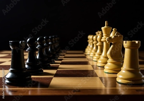 Fototapeta Chess pieces are arranged on a chessboard ready for a strategic game
