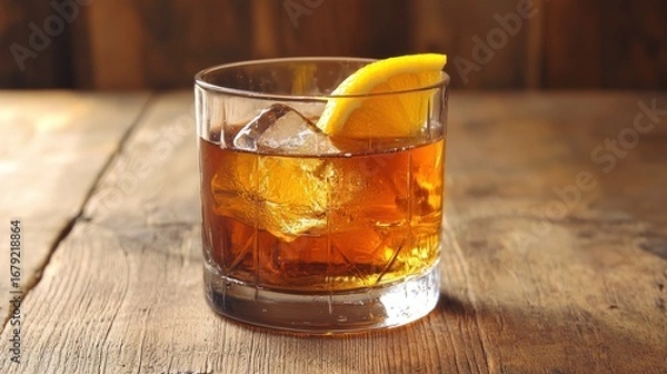 Fototapeta A whiskey glass filled with ice and a slice of orange, placed on a wooden table with a rustic background.