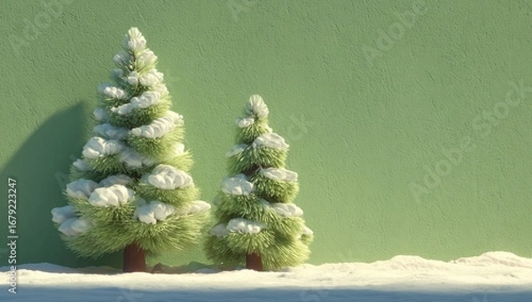 Fototapeta Snowy evergreen trees on a green background
