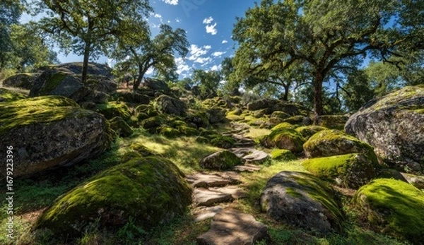 Fototapeta Stone path through mossy rocks and trees