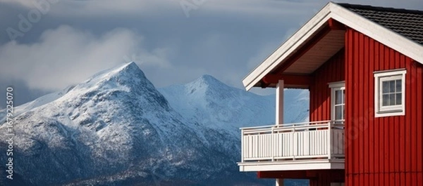 Fototapeta Red cabin with snowy mountains in background