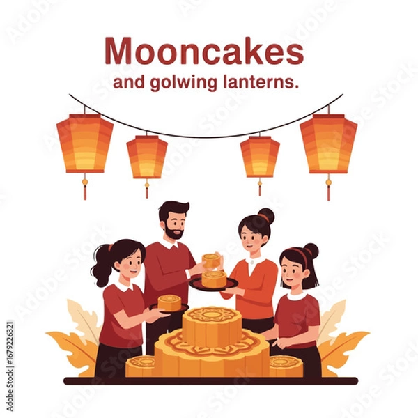 Fototapeta A happy family celebrates the Mid-Autumn Festival with mooncakes and glowing lanterns, enjoying traditional treats together.