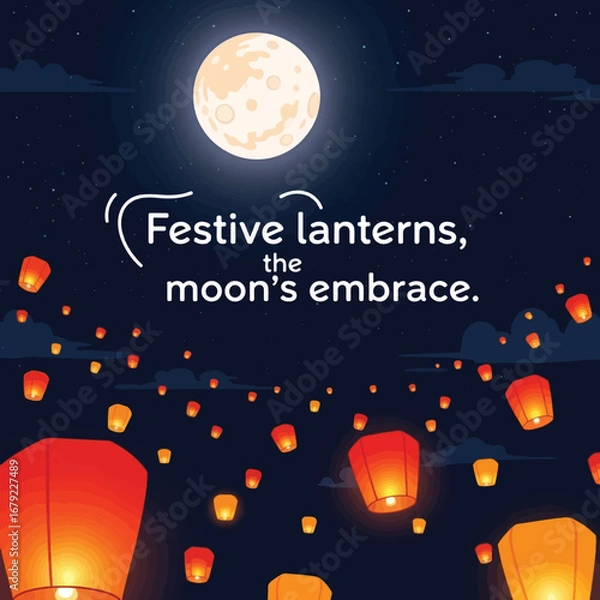 Fototapeta A beautiful night scene featuring floating lanterns under a full moon, celebrating a cultural festival.