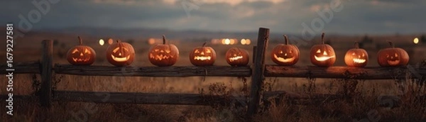 Fototapeta Halloween Banner with a Horizontal Row of Glowing Jack-o'-Lanterns, each with a Unique Personality on a Rustic Wooden Fence with an Open Field.