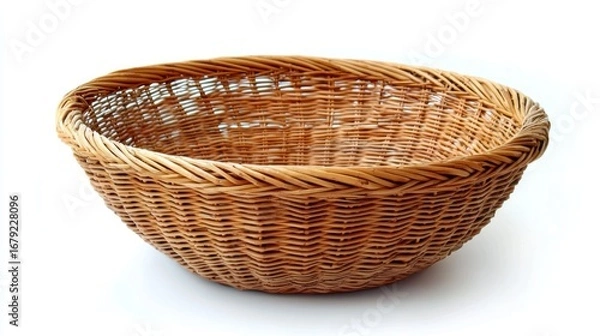 Obraz A round, woven wicker basket with a handle, placed on a white surface with a white background.