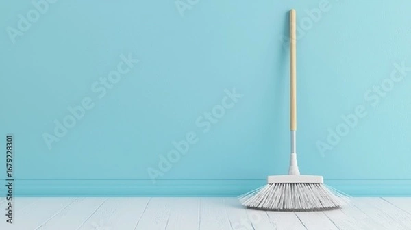 Obraz A white and blue wall with a broom leaning against it.