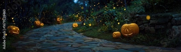Fototapeta Magical Halloween Jack-o'-Lanterns Floating down a Long, Winding, Cobblestone Path in an Enchanted Garden, with Glowing Fireflies and Mystical Light.