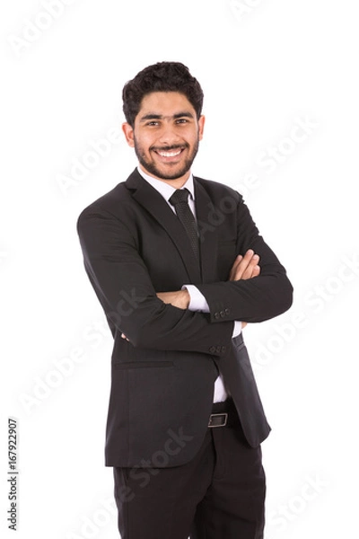 Fototapeta Happy handsome young businessman smiling and standing confidently, guy wearing black suit and black tie, isolated on white background