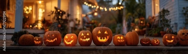 Fototapeta Festive Halloween Banner: A Collection of Hand-Carved Jack-o'-Lanterns on a Wide Wooden Porch, with Glowing Light and a Blurred Family Celebration in the Background.