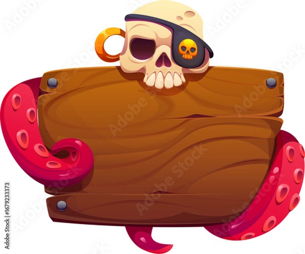 Obraz Cartoon Caribbean pirate and corsair game icon and heraldry wooden sign with a skull wearing an eyepatch and gold earring, surrounded by pink octopus tentacles. Vector ui banner for game adventure