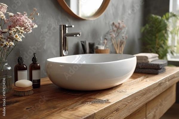 Fototapeta A white vessel sink, metallic faucet, and amber glass bottles on a wooden counter, with flowers and a mirror. Great for bathroom design inspiration, skincare product ads, or home decor visuals.