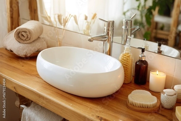 Fototapeta A white oval sink on a wooden counter, surrounded by towels, a candle, and amber bottles, with a mirror and plants. Great for spa promotions, home decor blogs, or natural skincare ads.