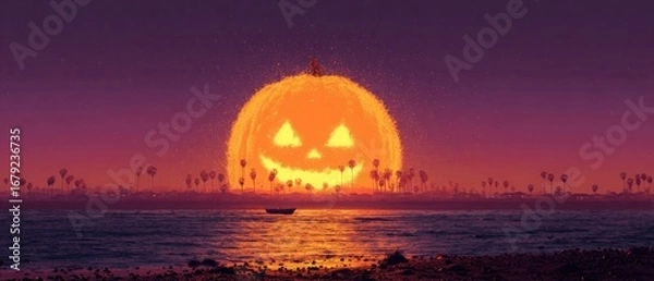 Fototapeta Surreal Halloween Beach with a Giant Jack-o'-Lantern as the Sun, Rising Over the Ocean, casting a Fiery Glow and Shadowy Palm Trees