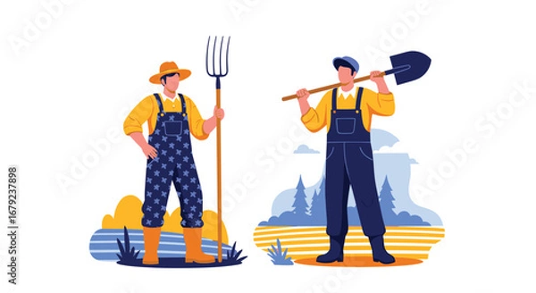 Fototapeta Farmers working in fields holding tools representing agriculture and rural life