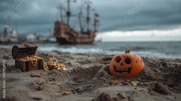 Obraz An Adventurous Pirate-Themed Jack-o'-Lantern Buried on a Beach Next to a Treasure Chest and a Pirate Ship Under a Stormy Sky